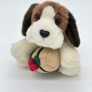 Vintage Small Russ Berrie Duke St Bernard Dog 5” Christmas Holiday Holly Barrel